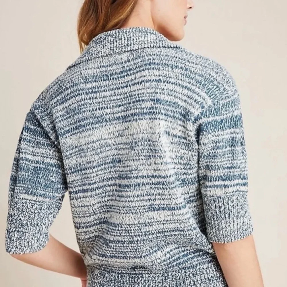 Anthropologie Carlotta Collared Marled Cotton Knit Sweater Blue Cream Size XS